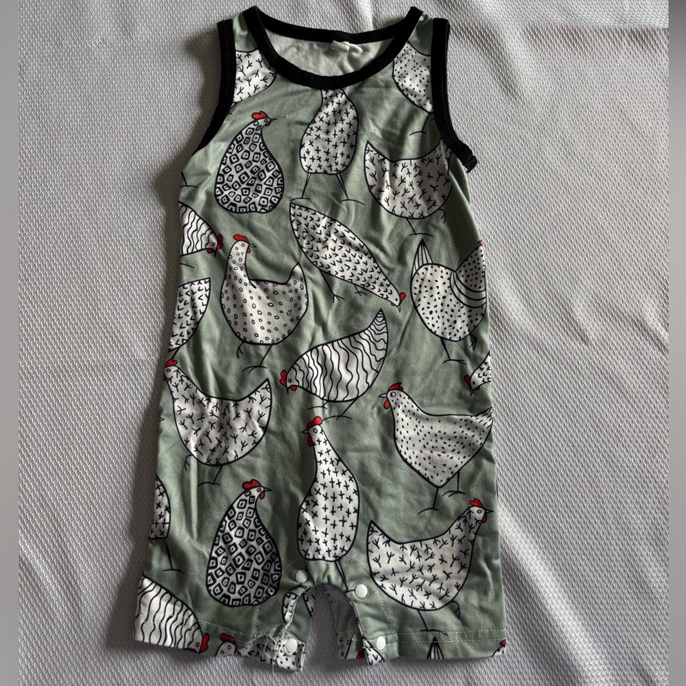 Charming Green Chicken Print Romper